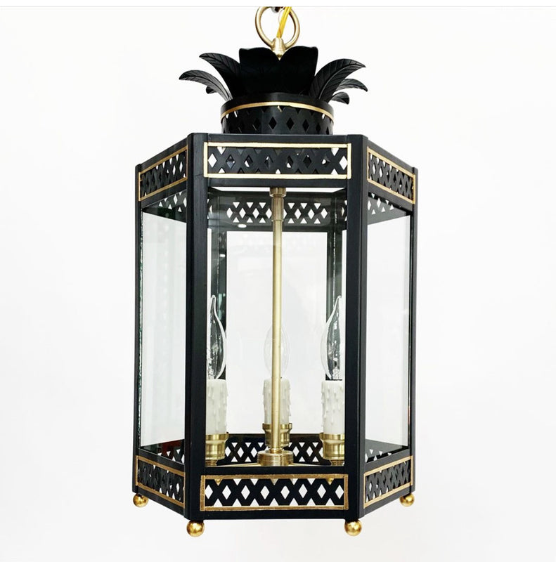 The Sarafina Lantern in Standard Lamp Post Black w/ Gold Gilt Trim