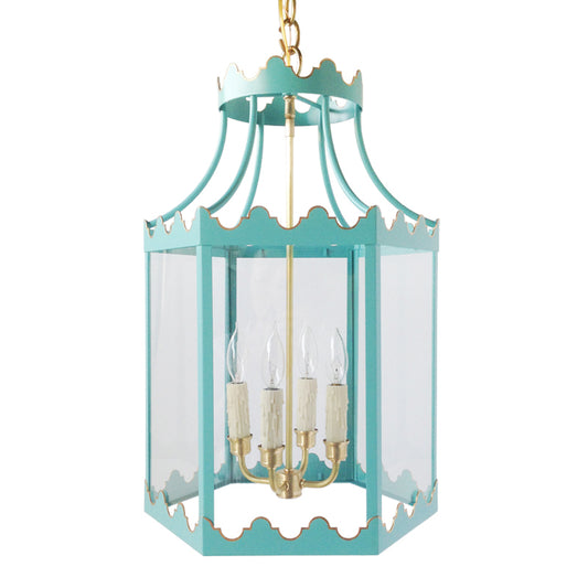 The Paloma Lantern in Custom Color BM Peacock Feathers w/ Gold Gilt Trim & Brass Hardware