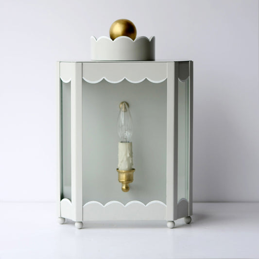 The Single Light Scalloped Sconce in Standard Gray Mist w/ White Trim & Brass Hardware