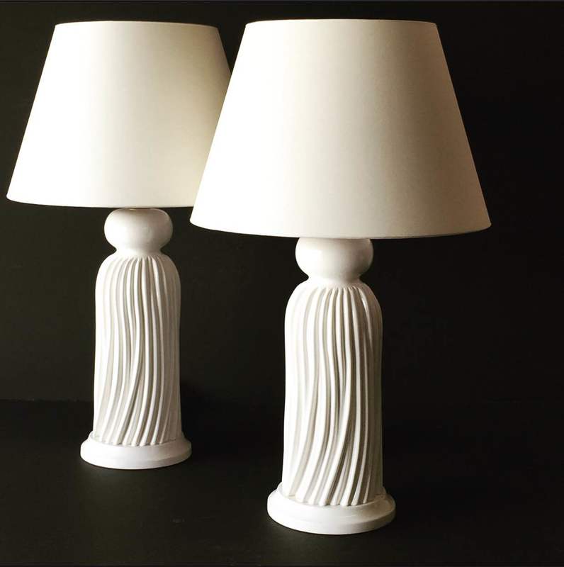 A Pair of Tassel Lamps in All Glossy Ivory