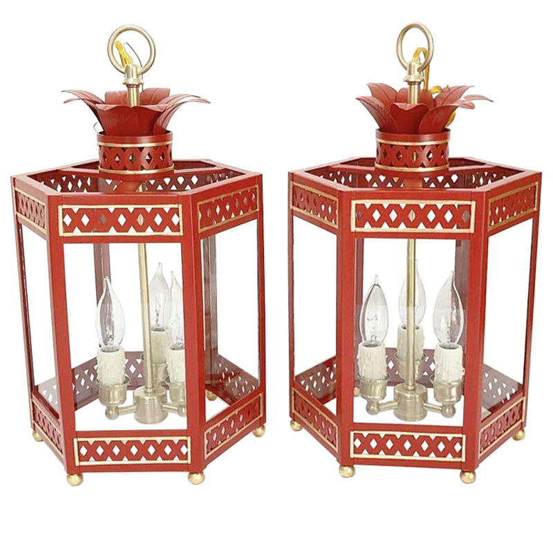 A Pair of Sarafina Lanterns in Standard Moroccan Red w/ Gold Gilt Trim