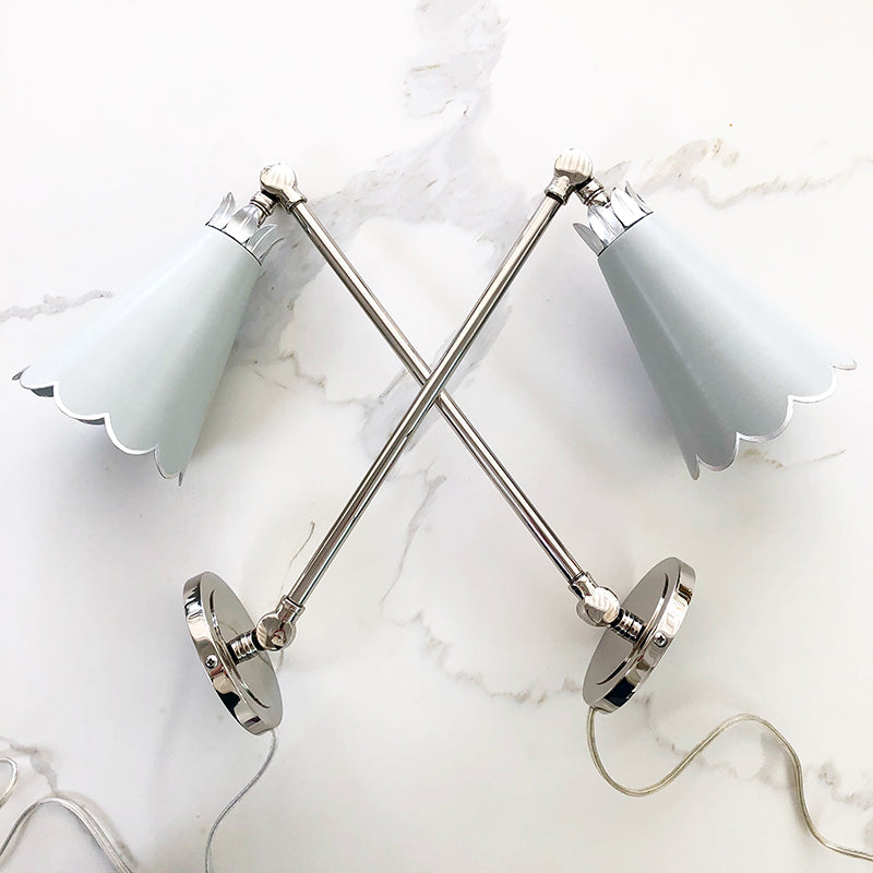 A Pair of Scalloped Arm Sconces in a Custom Gray w/ Nickel Hardware and Added Cord & Plug