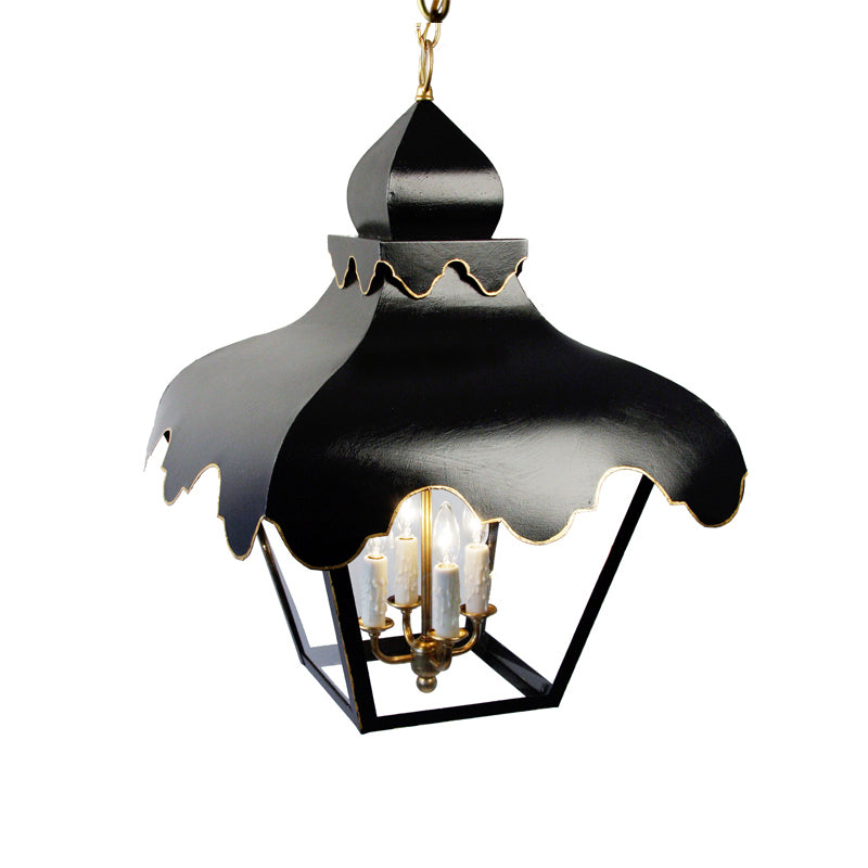The Tole Tent Lantern in Standard Lamp Post Black w/ Gold Gilt Trim & Brass Hardware